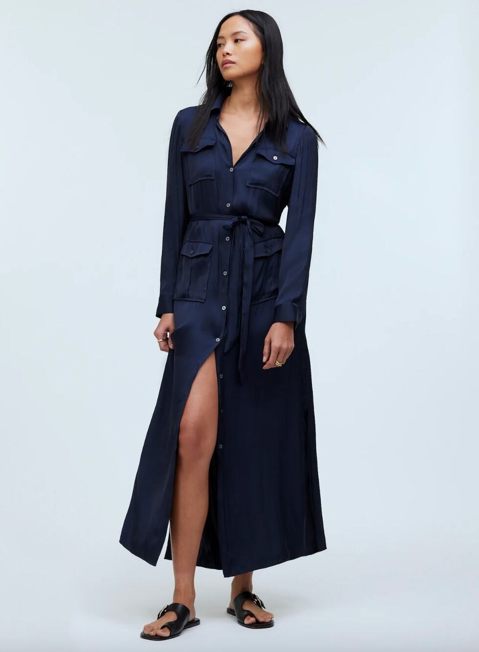 Madewell Button Front Utility Shirtdress Midi Satin Deep Indigo Pockets XS NWT